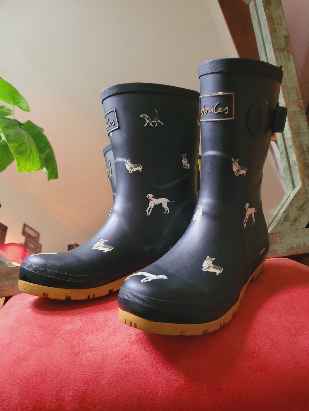 Joules Women's Rainboots Waterproof Black Rain Boot Dog Print - Size Us7